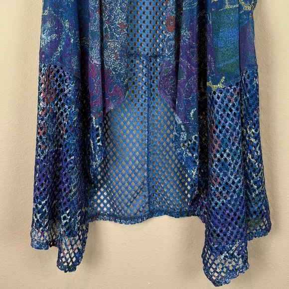 Multiples Blue w/ Multicolored Accents Mesh-Like Open Front Asymmetrical Vest - Picture 3 of 10